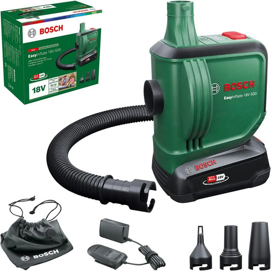 Bosch Pompe à air sans fil - EasyInflate 18V-500 livré dans un carton avec 1 batterie 2,0 Ah – 530 l/min, vert