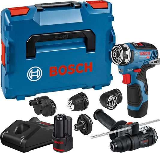 Bosch Professional 12V système perceuse-visseuse sans-fil GSR 12V-35 FC avec 4 adaptateurs – 3,0 Ah, 35 Nm, bleu/noir/gris