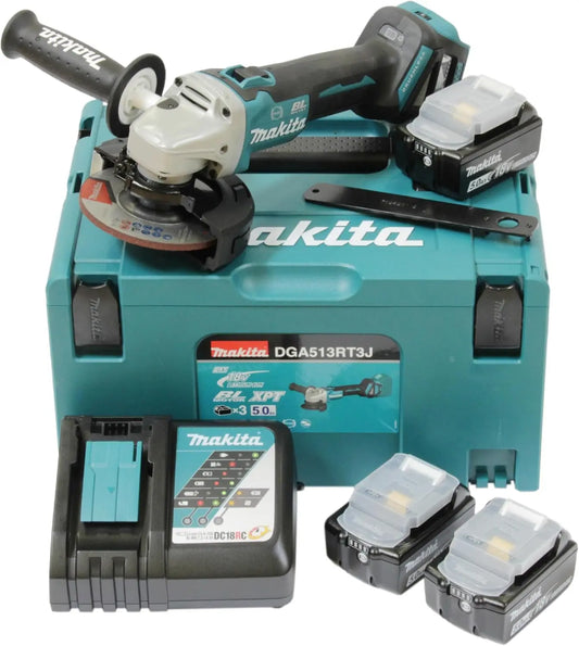 Makita DGA513RT3J Meuleuse d'angle sans fil 18 V avec chargeur rapide DC18RC 3 batteries 5,0 Ah en MAKPAC – gris