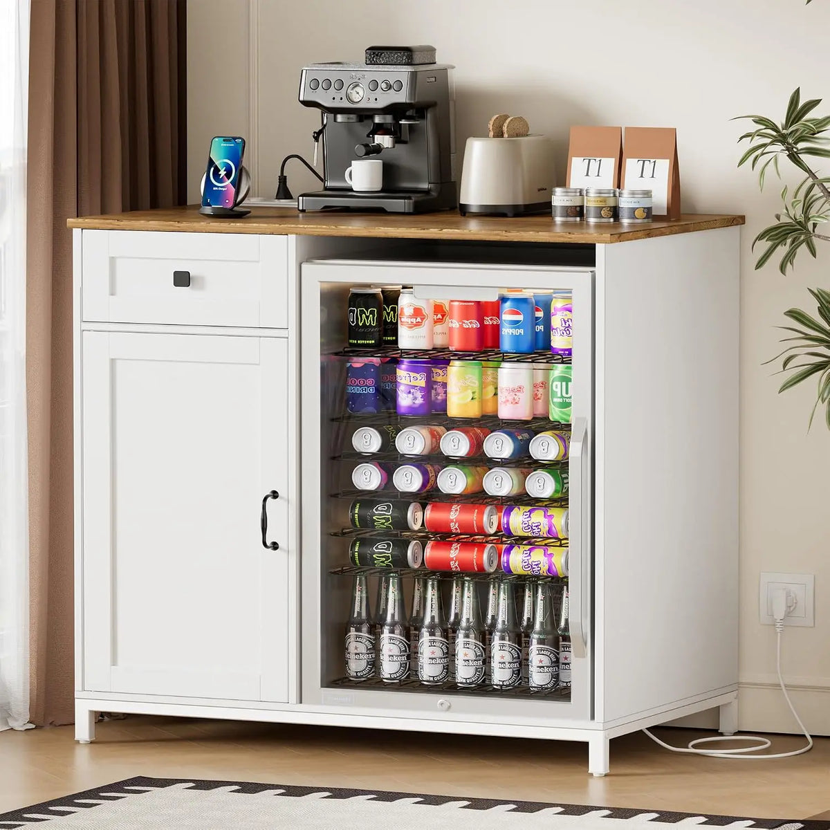 2en1 Buffet Cuisine avec Multiprises – 95 x53,6 x99 cm, blanc