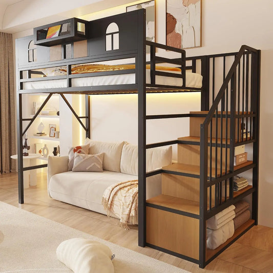 Merax Lit mezzanine en métal 90 x 200 cm avec échelle de rangement – noir