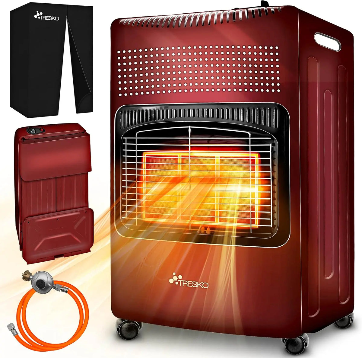 TRESKO Chauffage au gaz portable 4200 W pour intérieur avec régulateur de pression – orange/rouge