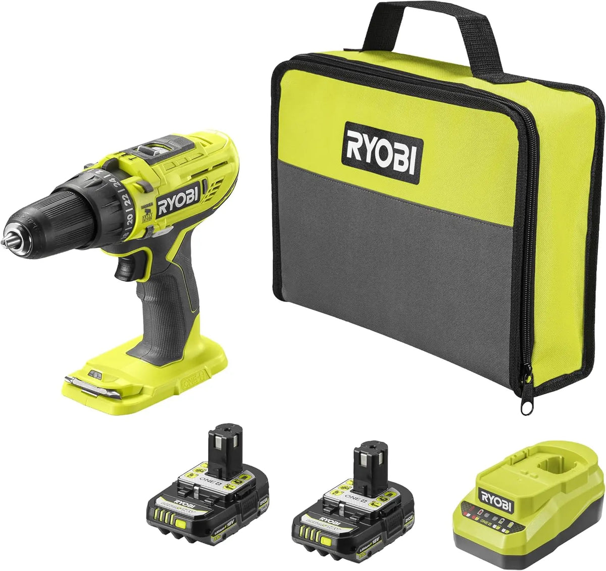 RYOBI - Perceuse-visseuse à percussion sans-fil 18V - 2 vitesses - 50 Nm - 500-1 800 tr/min - mandrin 13 – R18PD32-2C20SP, gris/jaune