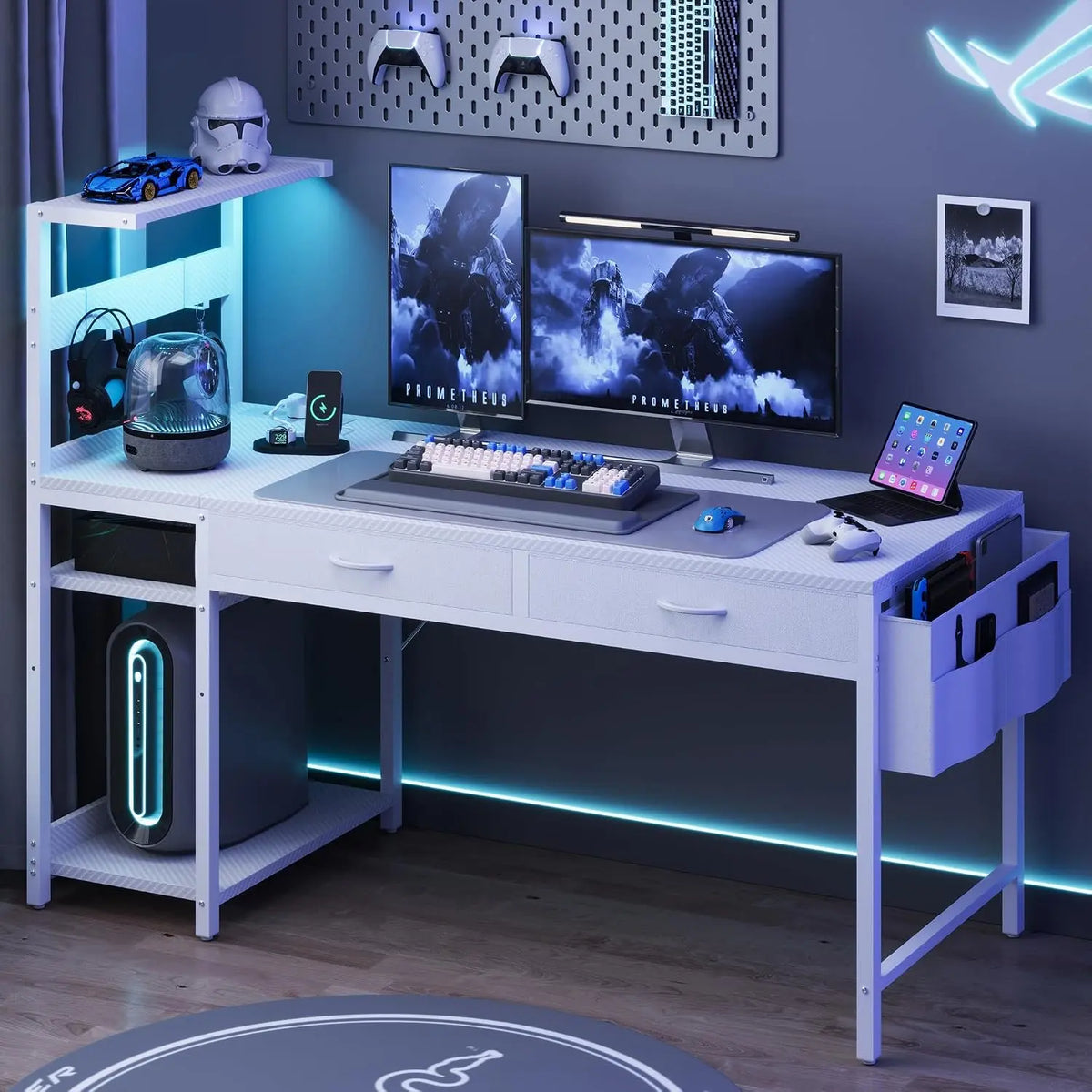 YOUDENOVA Bureau pour le jeu Réversible avec LED et Prises – blanc