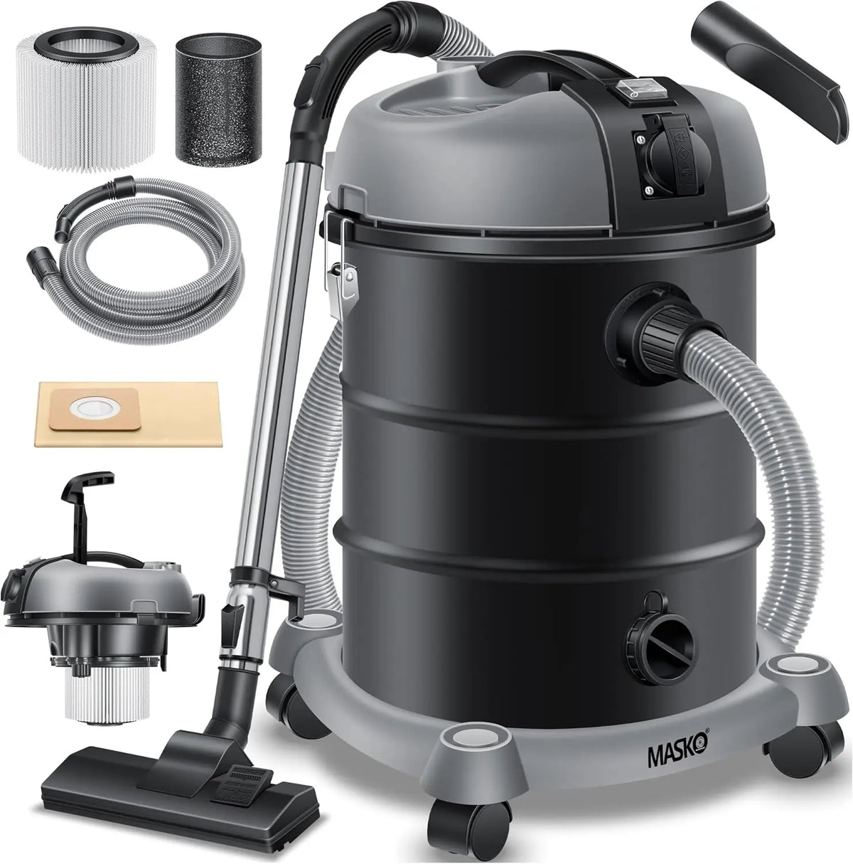 Masko Aspirateur Industriel Aspirateur Eau et poussière Acier Inoxydable 2 300 W + Prise – 30 litres, 50 Hz, argenté
