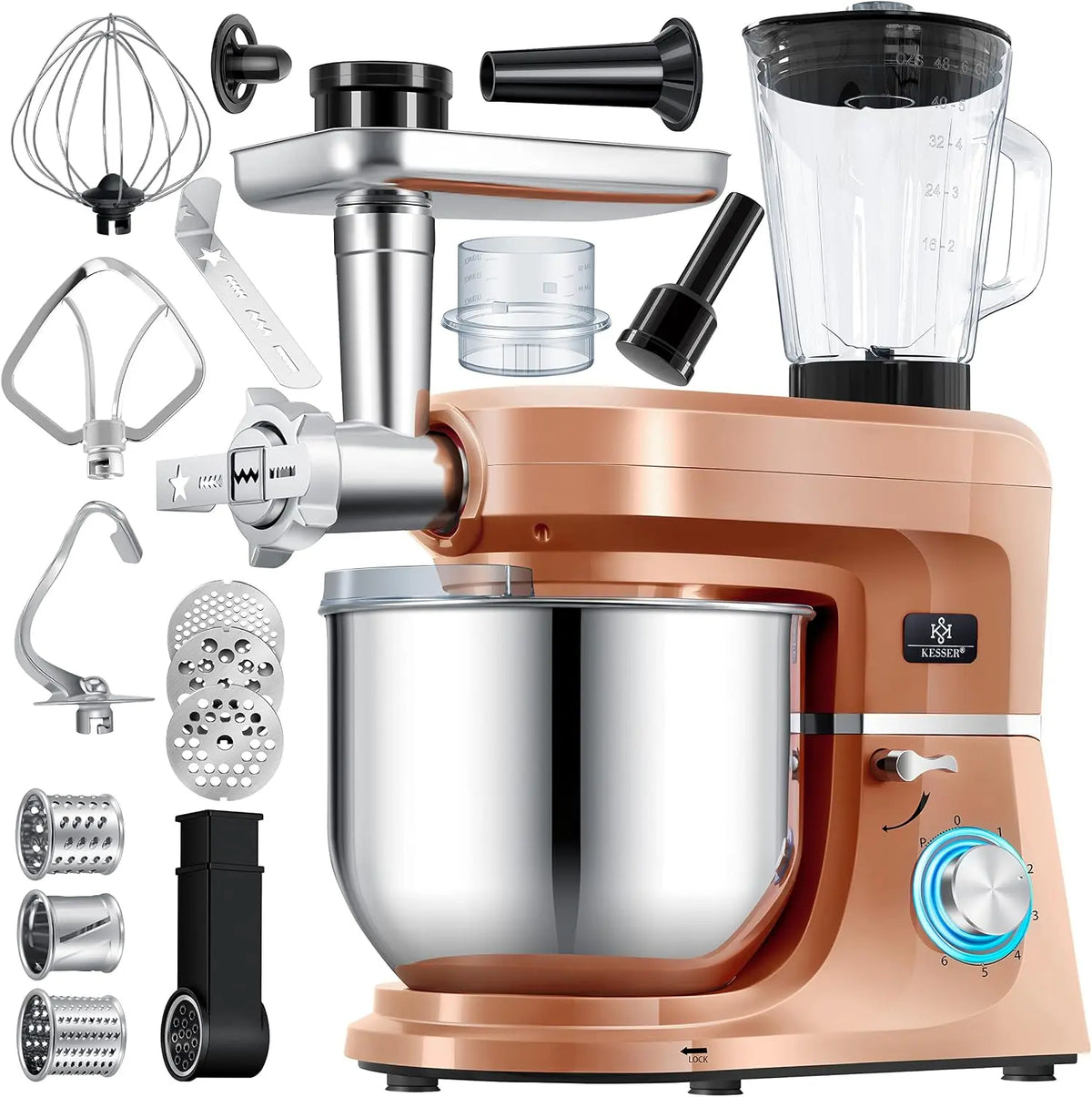 KESSER Robot ménager universel 3 en 1 K-KM 3 000 avec hachoir à viande – 1500 watts, 5,5 L, gris/beige/orange