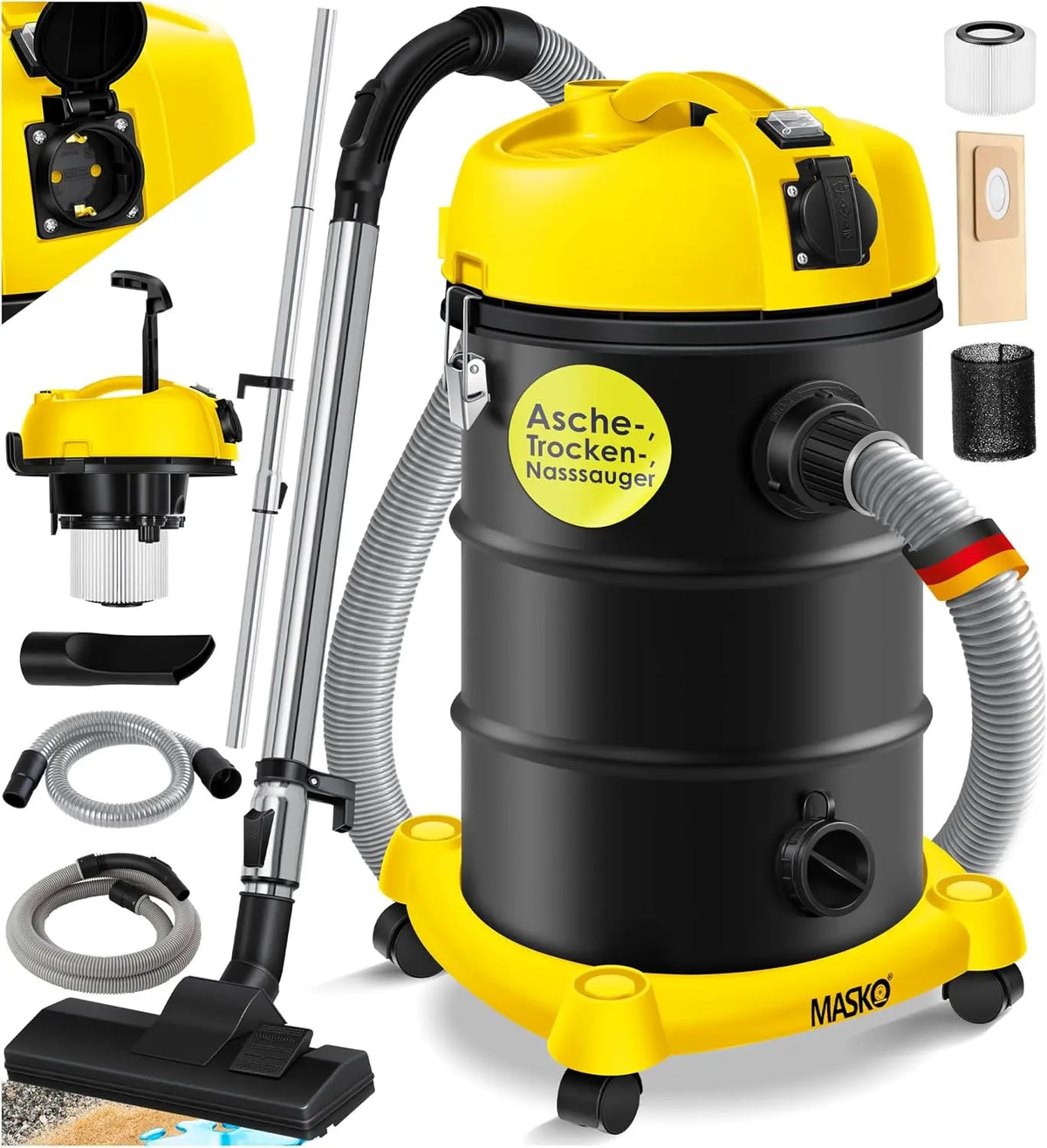 Masko Aspirateur Industriel 6IN1 Aspirateur Eau et poussière Aspirateur Aspirateur à Cendres 2 300 W + – 30 litres, gris/noir/jaune
