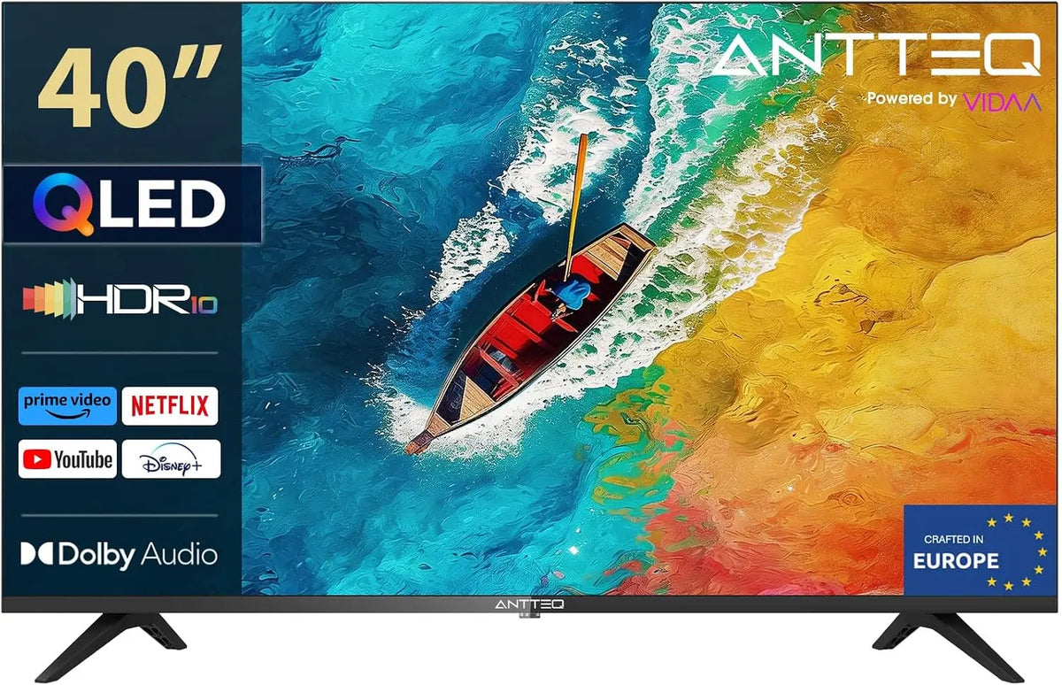 Antteq AV40F5Q 2K QLED FHD téléviseur connecté 40 Pouces HDR10 Bluetooth avec Triple Tuner DVB-C/-S2/-T2 – 37 kWh, noir