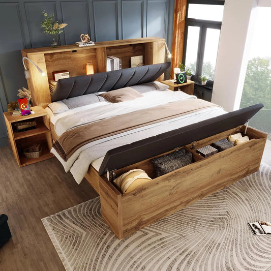 Lit Double Coffre 160x200 cm en Bois avec Tête de Lit Pliable et Rembourrée Lin – gris/orange/beige