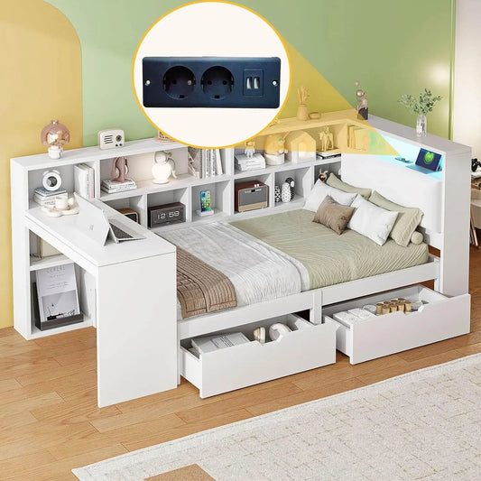 PUGSDRLY Lit 1 Place 90x200cm avec Bureau et Compartiment de Rangement – blanc