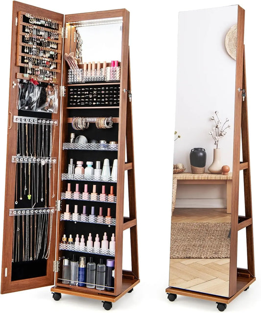 COSTWAY 3 en 1 Armoire à Bijoux sur Roulettes – marron