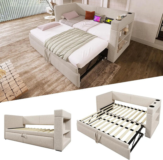 Canapé-lit rembourré 90 x 200 cm avec lit gigogne – gris/beige