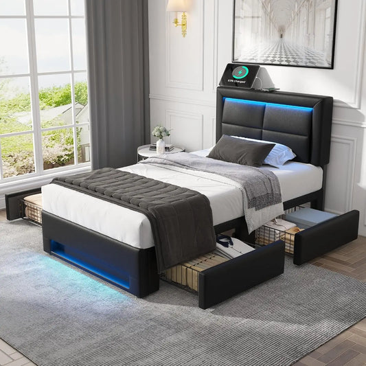 Lit 90 x 190 avec Sommier LED et USB Charge sans Fil – 95 x196 x110 cm, gris