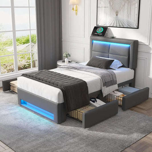 Lit 90 x 190 avec Sommier LED et USB Charge sans Fil – 95 x 196 x 110 cm, gris